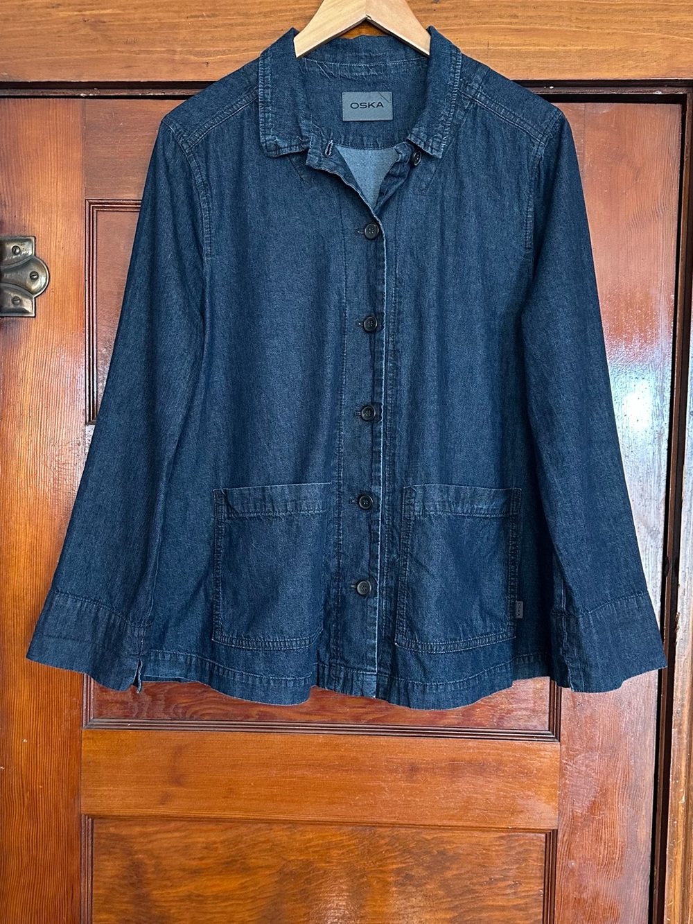 OSKA Dark Wash Cotton Denim Chore Jacket Shirt Utility Size 1 Small - Med Blue